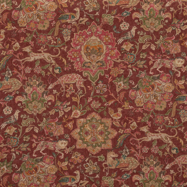 Deep plum floral paisley fabric with teal, olive, ochre and cream details