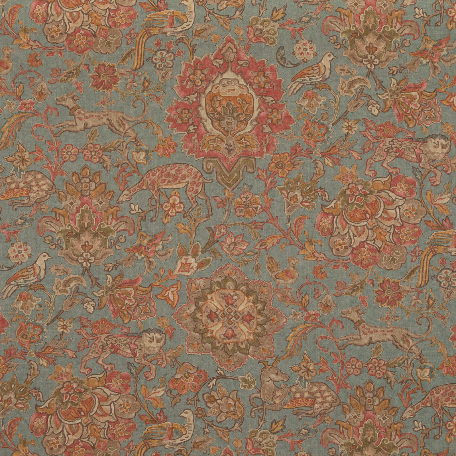 Muted teal fabric with coral florals, scrolling vines and spotted animal motifs