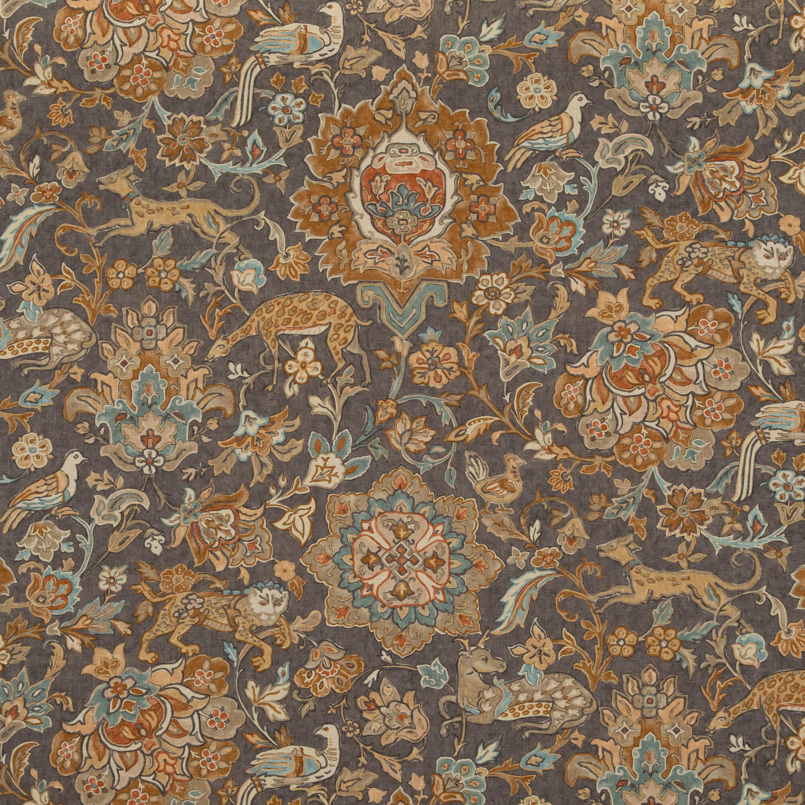 Charcoal taupe fabric with rust, teal and cream florals, birds and animals