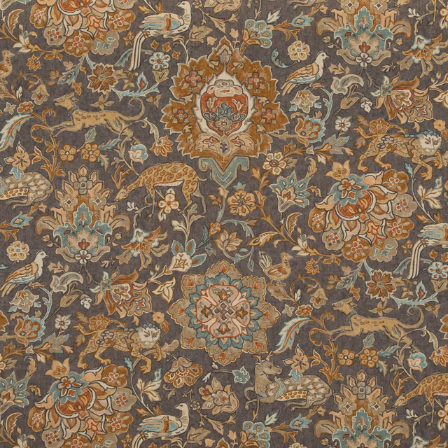 Charcoal taupe fabric with rust, teal and cream florals, birds and animals