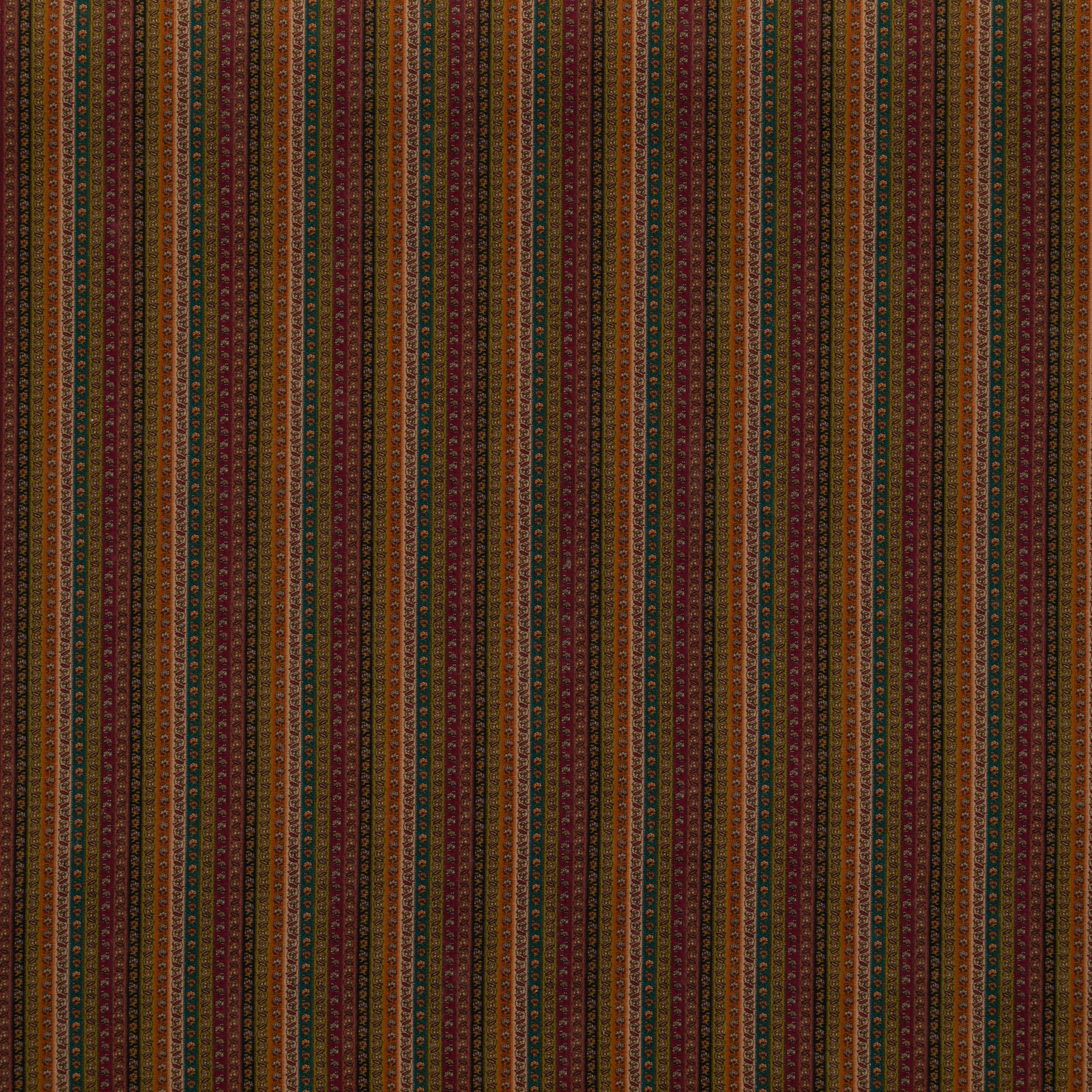 Deep plum fabric with narrow olive, teal, ochre and russet woven stripes