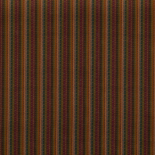Deep plum fabric with narrow olive, teal, ochre and russet woven stripes