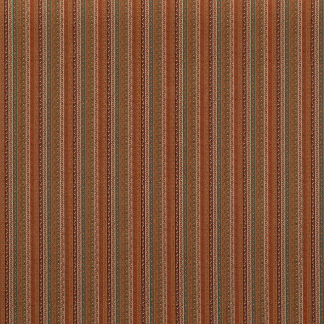 Close view of rust spice vertical stripes with sage and cream woven motifs