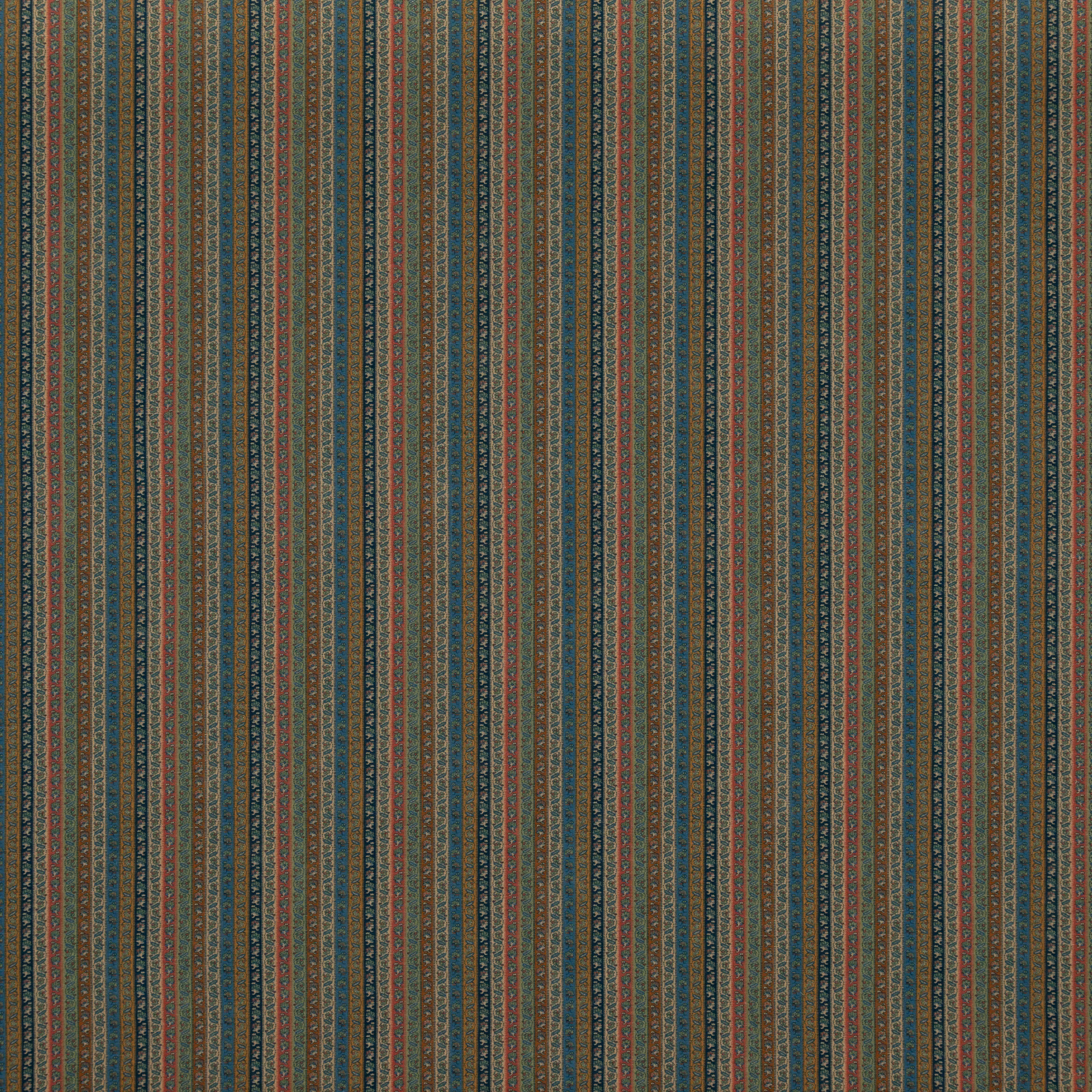 Deep teal striped fabric with rust, olive and stone patterned vertical bands