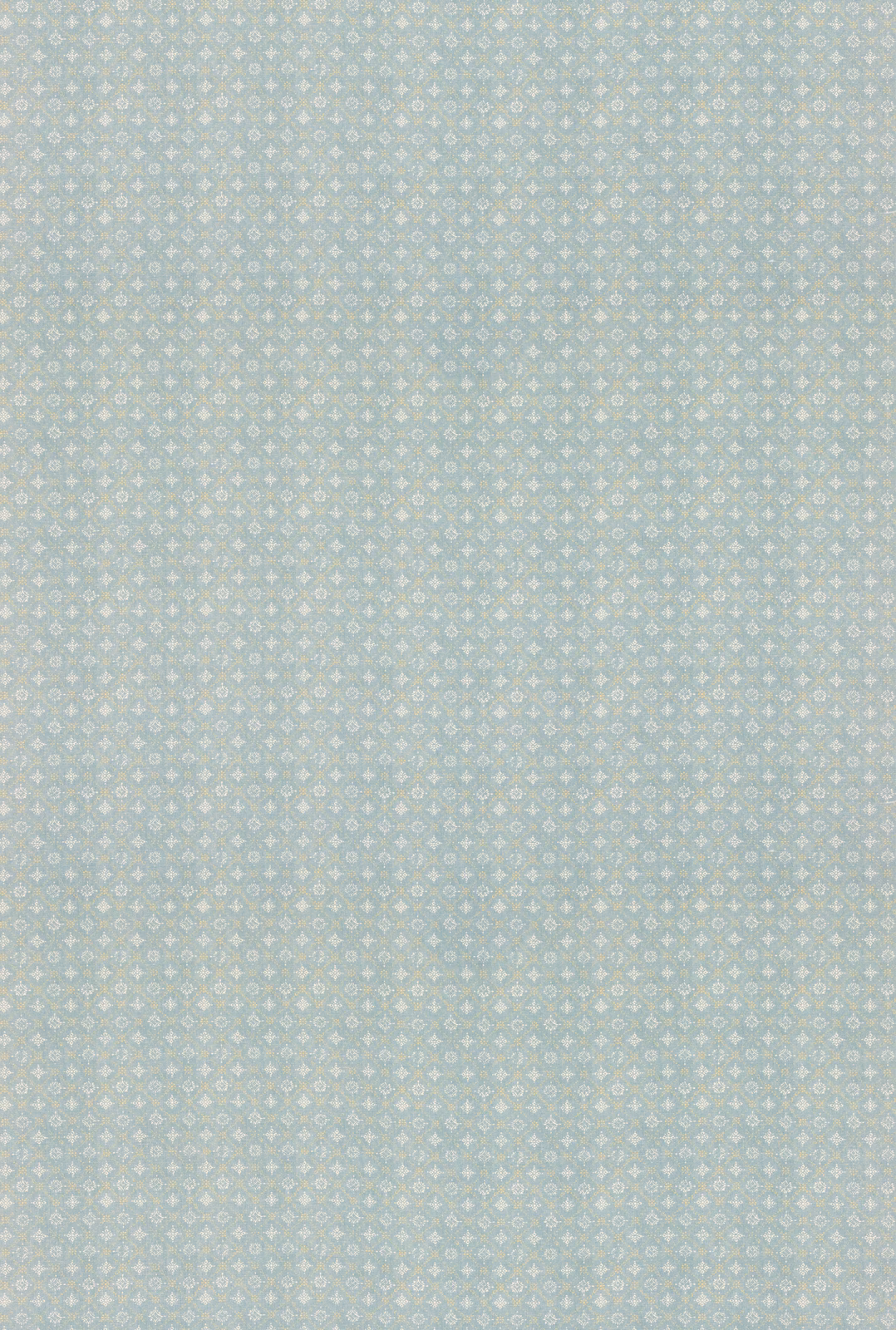Muted old-blue fabric with a fine ivory trellis and tiny geometric motifs