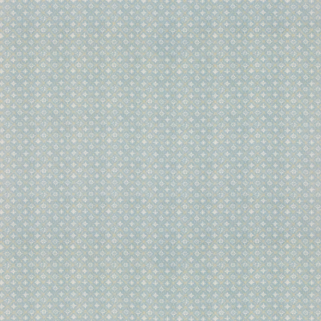 Muted old-blue fabric with a fine ivory trellis and tiny geometric motifs