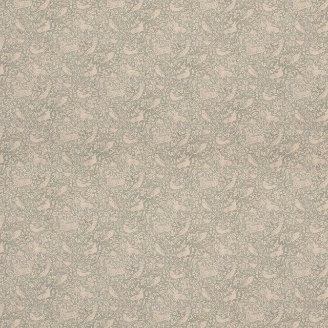 Pale aqua fabric with dense chalky scrolling botanical motifs and a softly textured surface