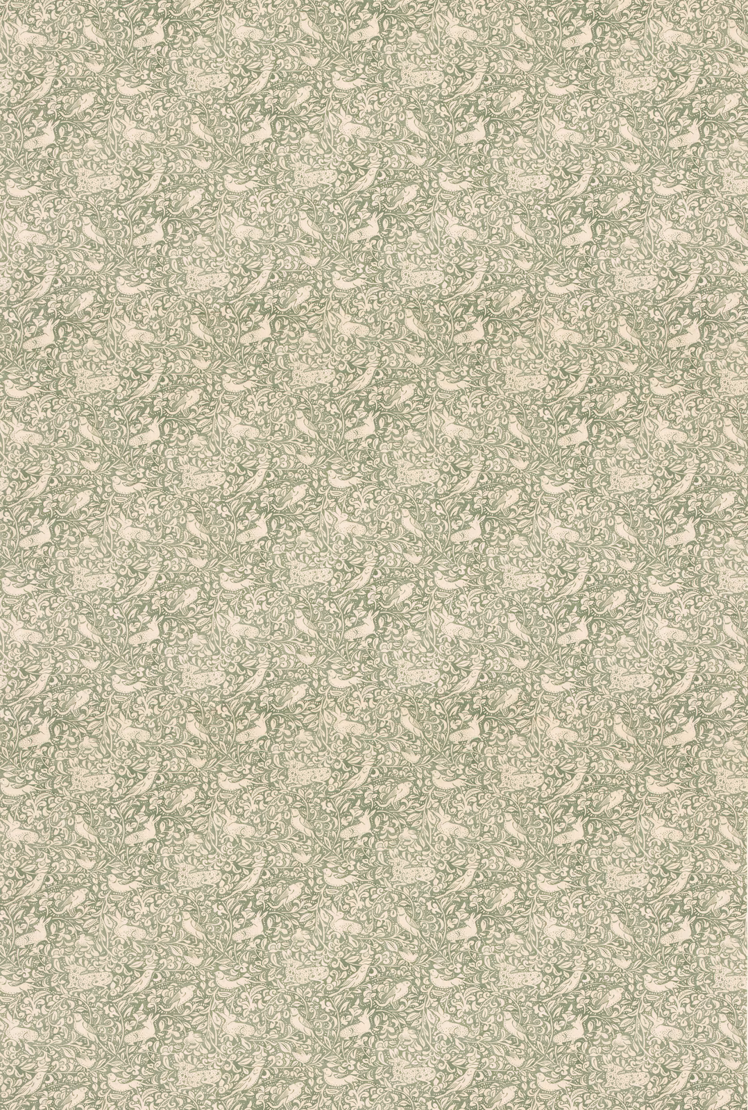 Pale sage fabric with dense cream scrolling botanical motifs and a fine natural texture