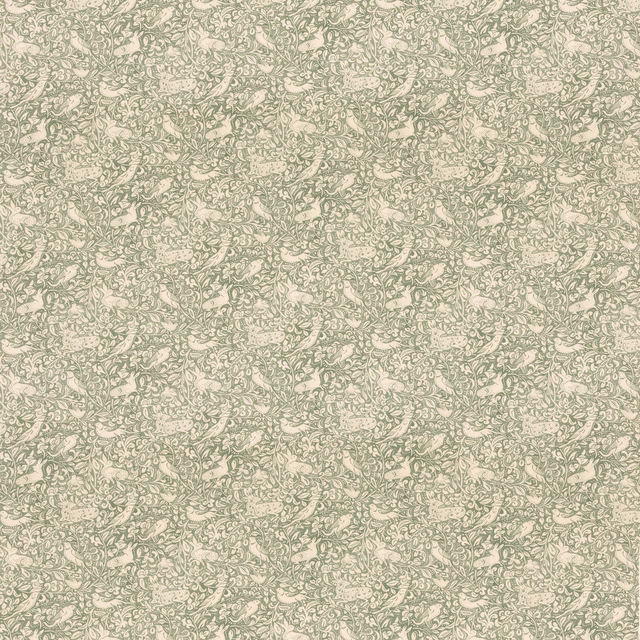 Pale sage fabric with dense cream scrolling botanical motifs and a fine natural texture