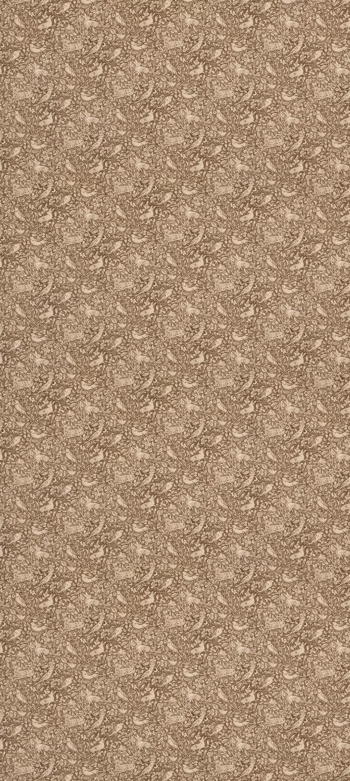 Warm espresso-brown textile with tiny cream scrolling botanical motifs and subtle woven texture