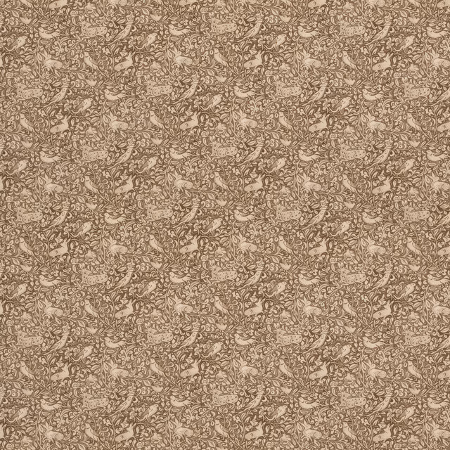 Warm espresso-brown textile with tiny cream scrolling botanical motifs and subtle woven texture