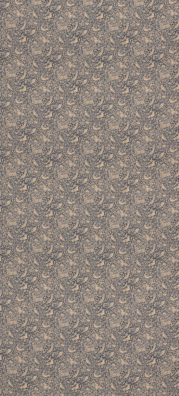 Muted indigo fabric with dense small taupe botanical motifs and a subtly textured surface