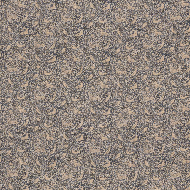 Muted indigo fabric with dense small taupe botanical motifs and a subtly textured surface