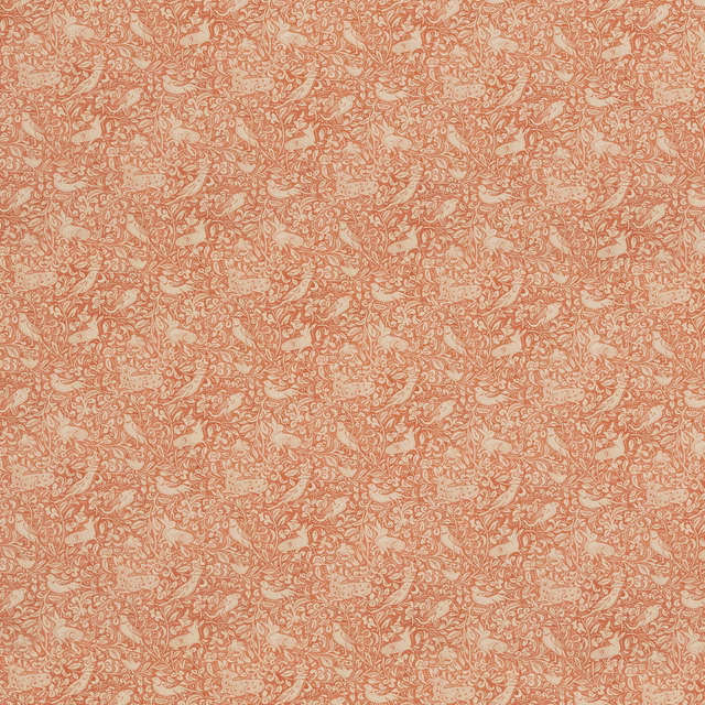 Dusty russet fabric with dense cream botanical sprigs and delicate floral tracery