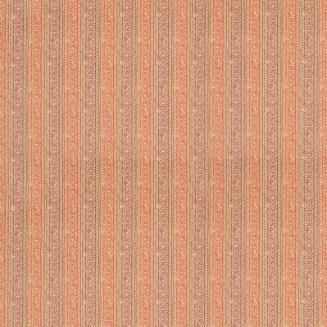 Warm russet cotton with slim plum stripes and tiny woven geometric details