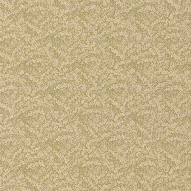 Muted olive-green cotton with a pale, repeating leafy trail motif