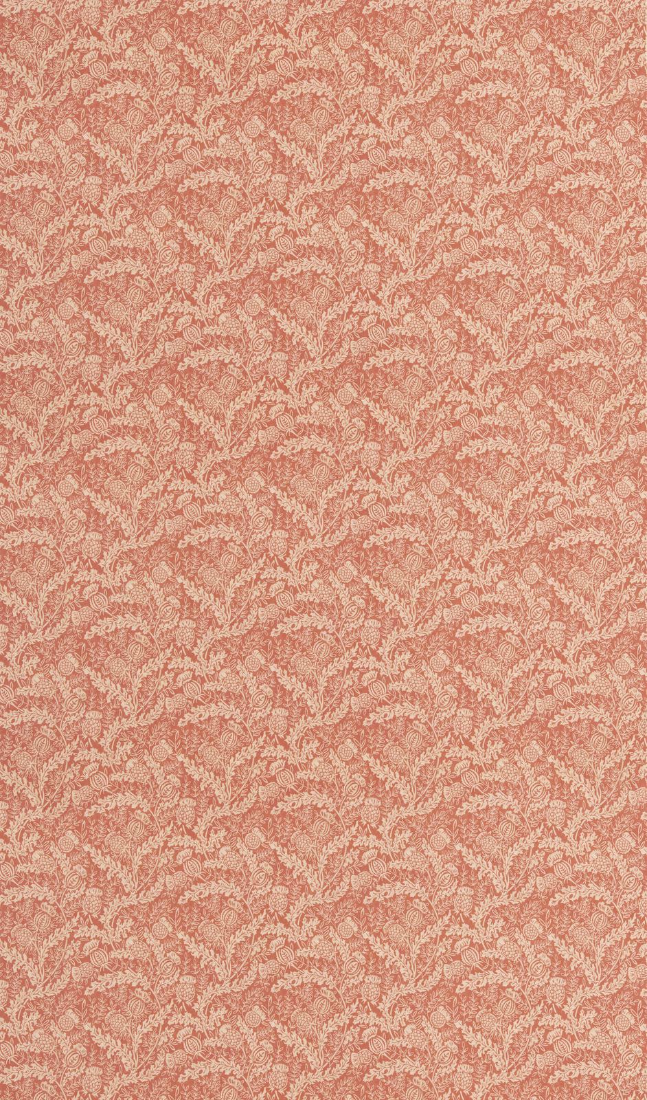 Dusty russet cotton with a small pale scrolling leaf motif