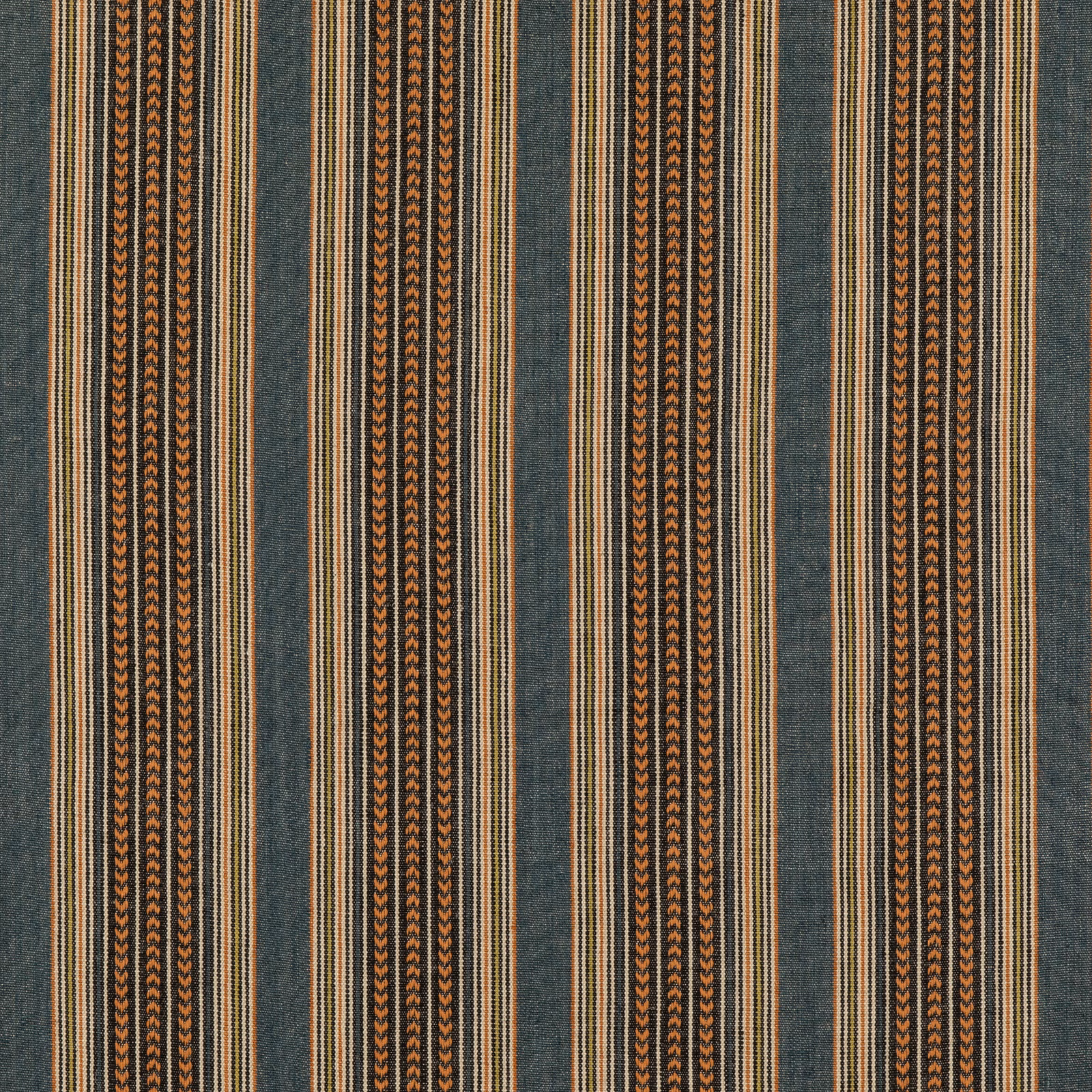Cool denim-blue fabric with rust chevron bands and fine tan vertical stripes