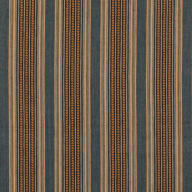 Cool denim-blue fabric with rust chevron bands and fine tan vertical stripes