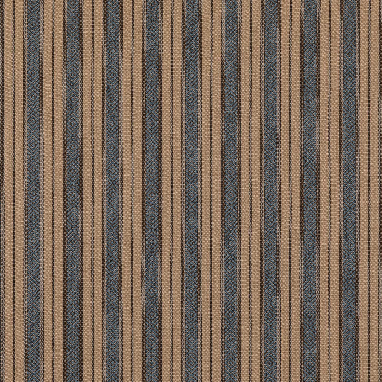 Muted denim-blue and taupe vertical stripe with fine geometric woven detailing