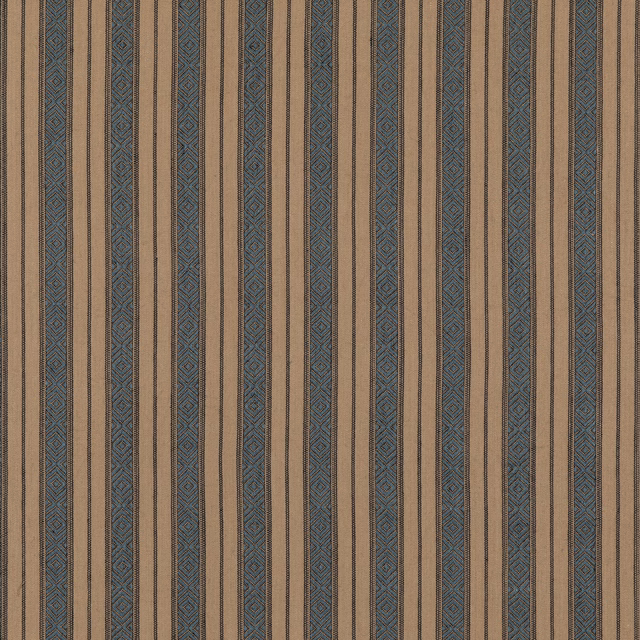 Muted denim-blue and taupe vertical stripe with fine geometric woven detailing