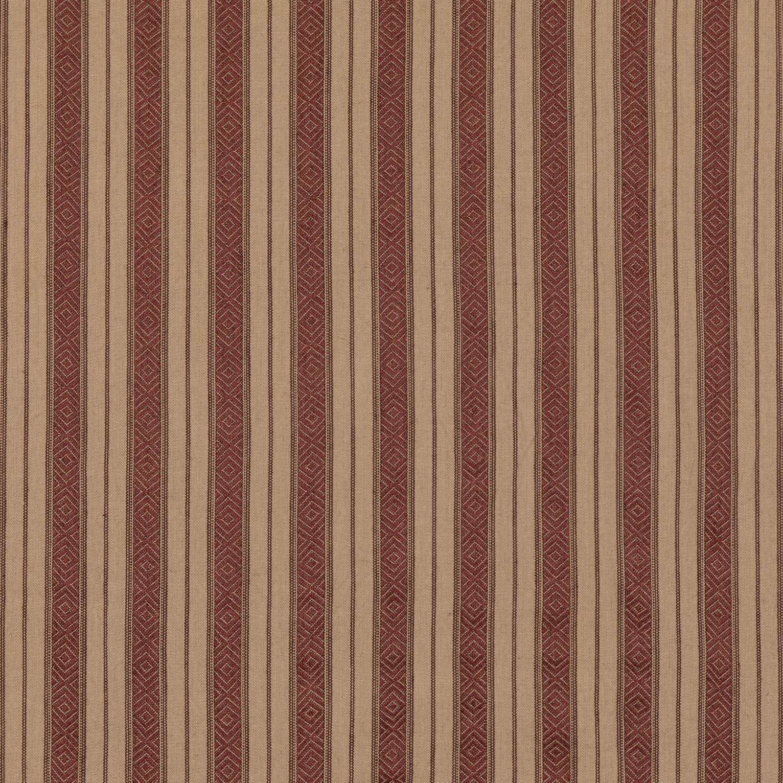 Plum and tan vertical stripes with fine geometric diamonds in a woven textile
