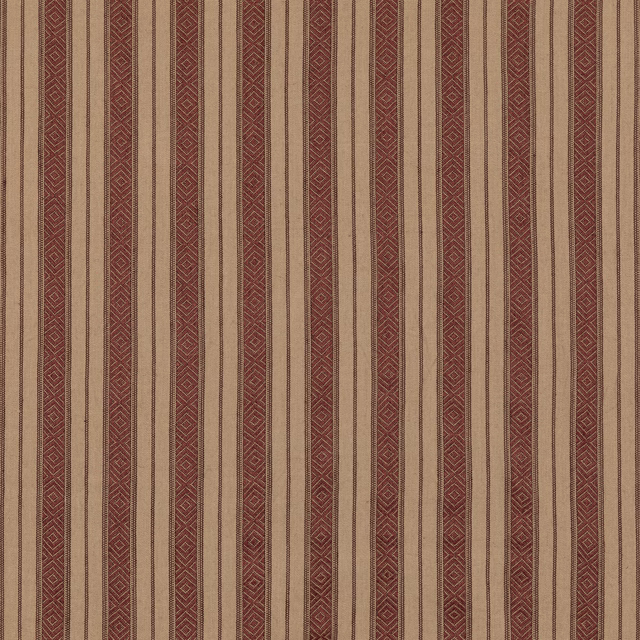 Plum and tan vertical stripes with fine geometric diamonds in a woven textile