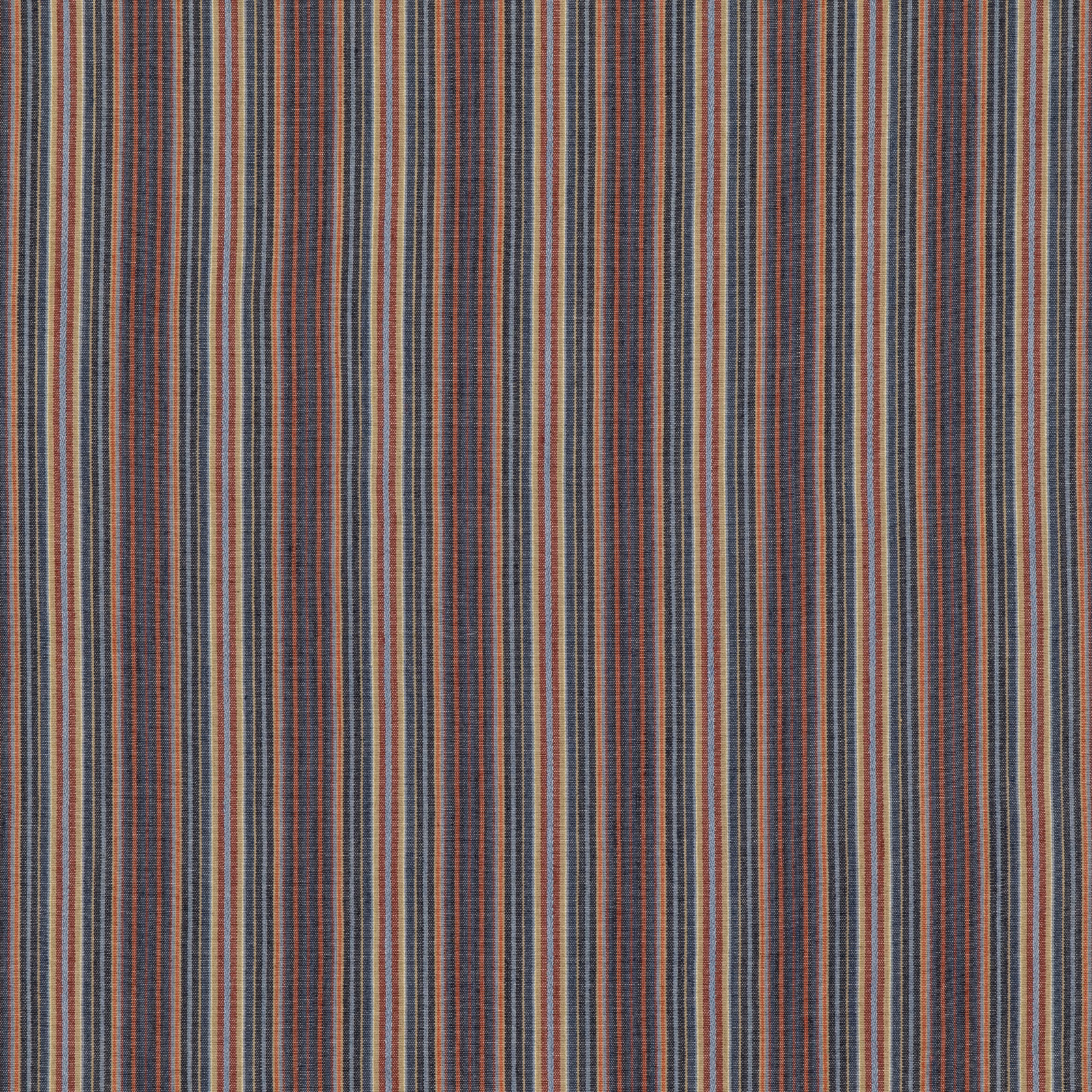 Narrow indigo, red, taupe and grey vertical stripes with a dry woven texture