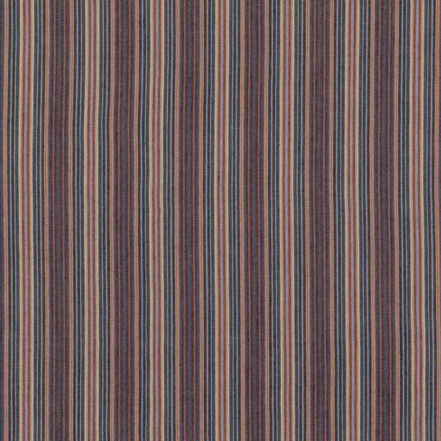 Narrow indigo, red, taupe and grey vertical stripes with a dry woven texture