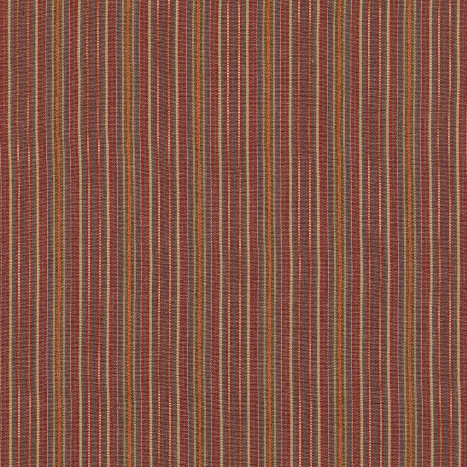 Muted plum, russet and olive vertical stripes with a dry, ribbed weave