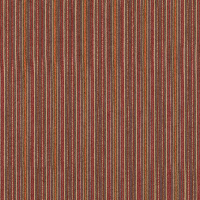 Muted plum, russet and olive vertical stripes with a dry, ribbed weave