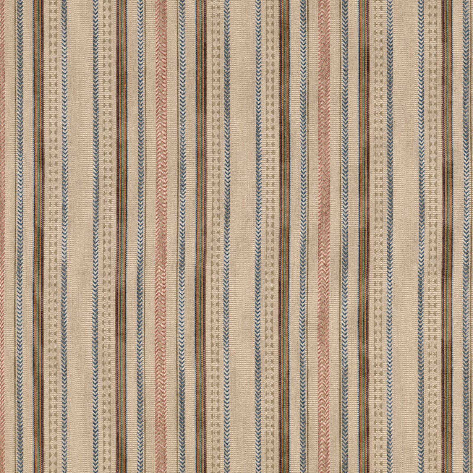 Denim blue, terracotta and olive-grey vertical stripes on a woven stone ground