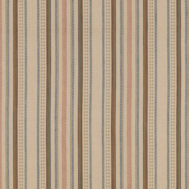 Denim blue, terracotta and olive-grey vertical stripes on a woven stone ground