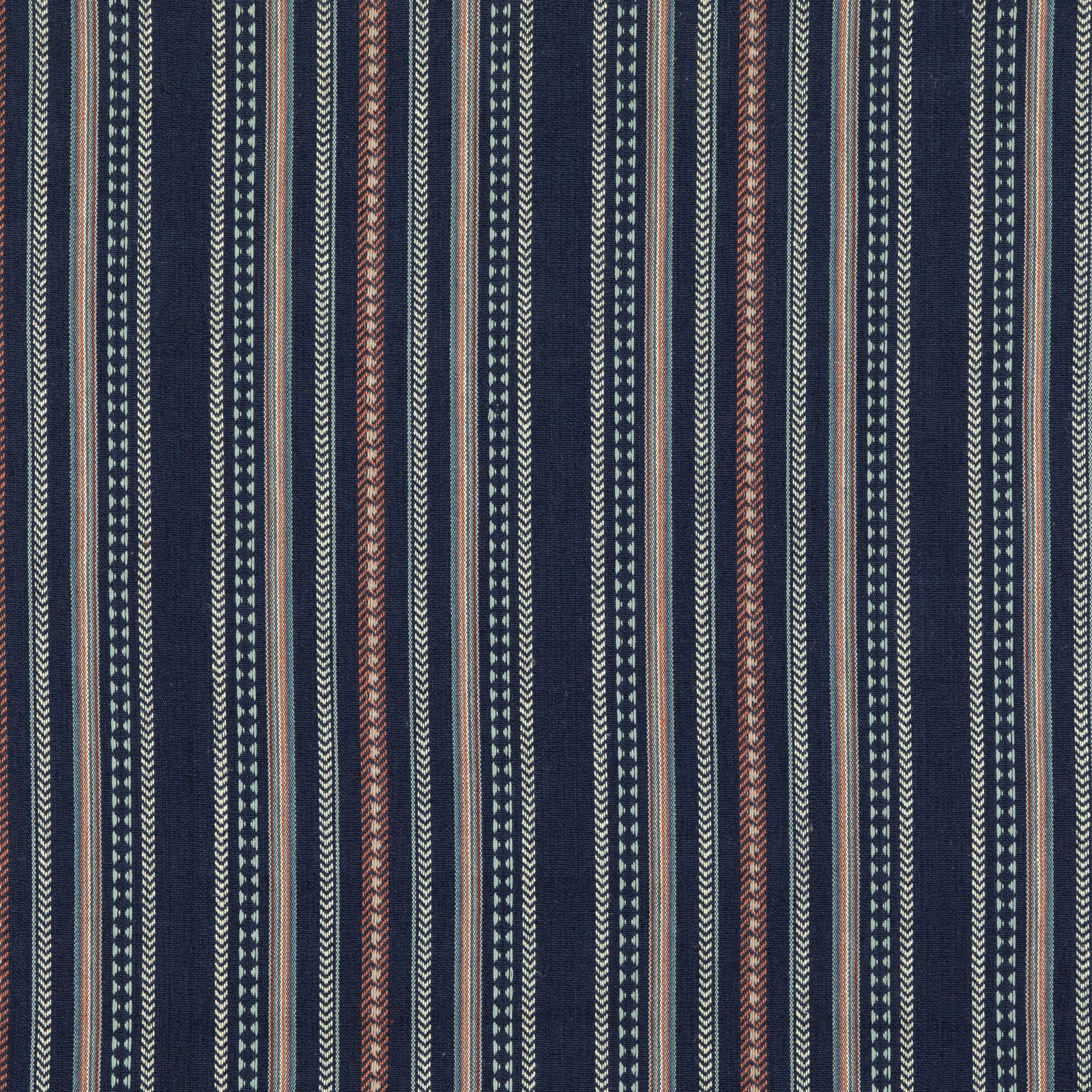 Deep indigo woven stripe with burgundy accents and tiny pale chevron motifs
