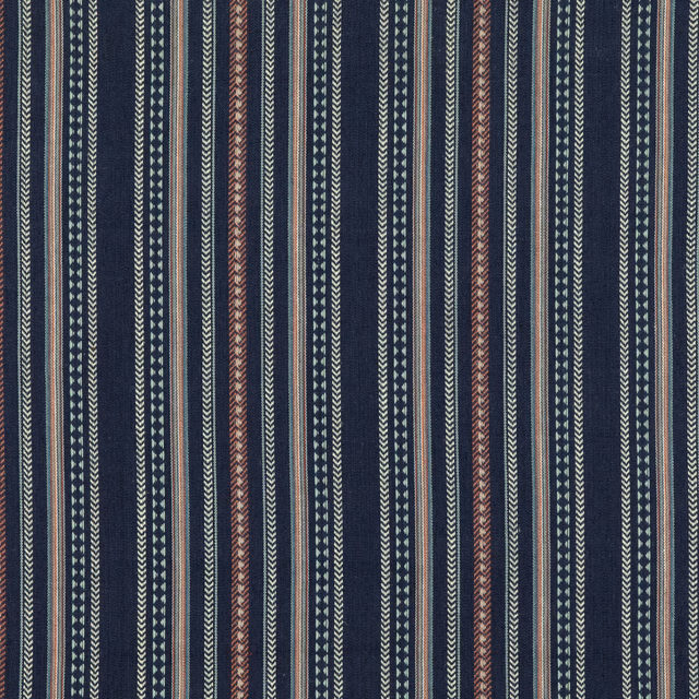 Deep indigo woven stripe with burgundy accents and tiny pale chevron motifs