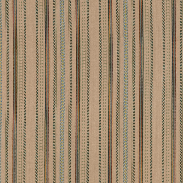 Muted lovat green striped weave with brown, taupe, sand and blue-grey chevron lines