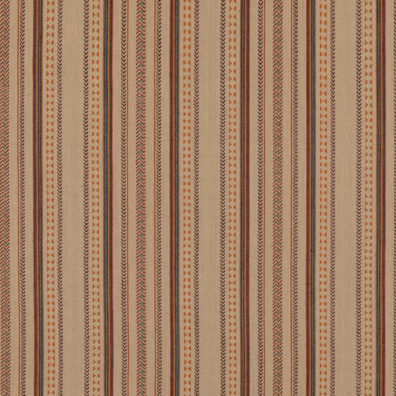 Muted plum, ochre and cream vertical stripes with fine zigzag motifs in a jute-rich weave