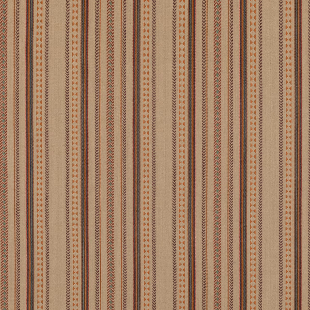Muted plum, ochre and cream vertical stripes with fine zigzag motifs in a jute-rich weave