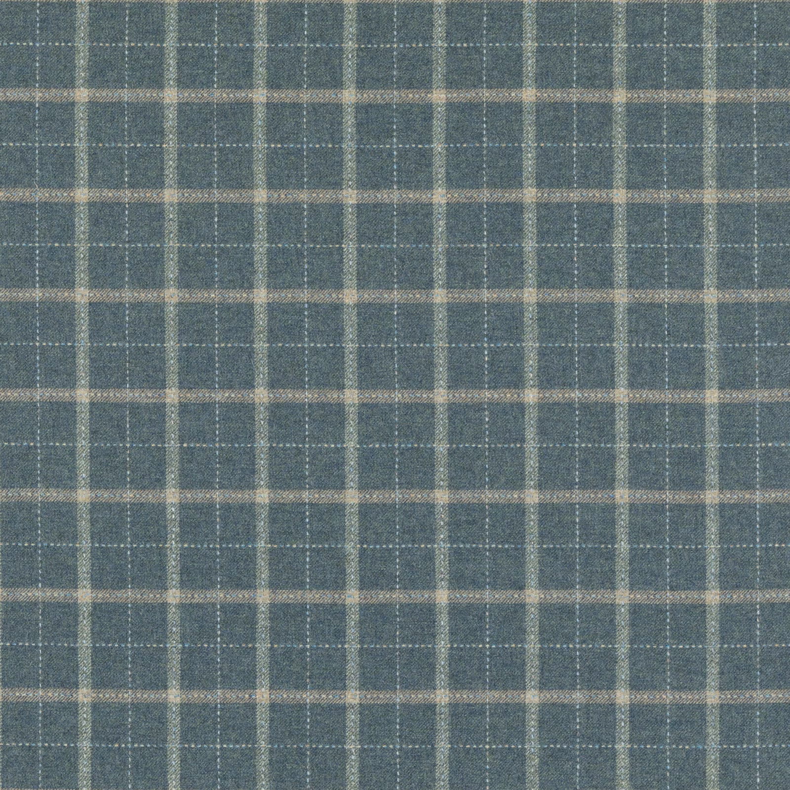 Muted slate-blue wool plaid with pale beige checks and fine dotted stripes