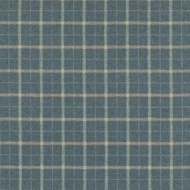 Muted slate-blue wool plaid with pale beige checks and fine dotted stripes