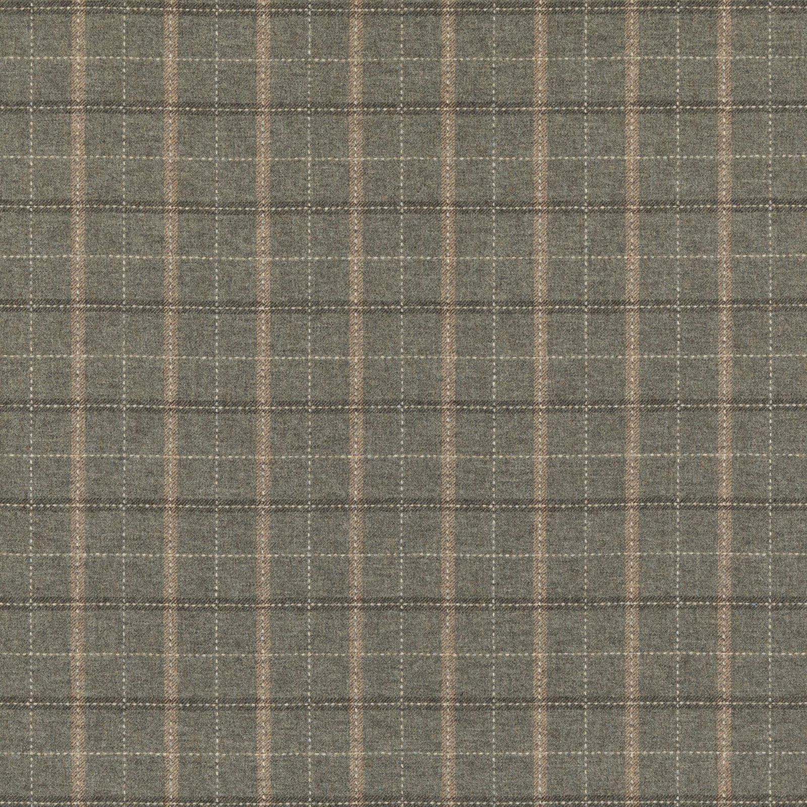 Cool dove-grey wool plaid with olive depth, fine pale lines and taupe stripes