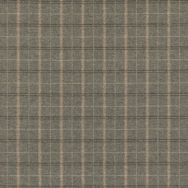 Cool dove-grey wool plaid with olive depth, fine pale lines and taupe stripes