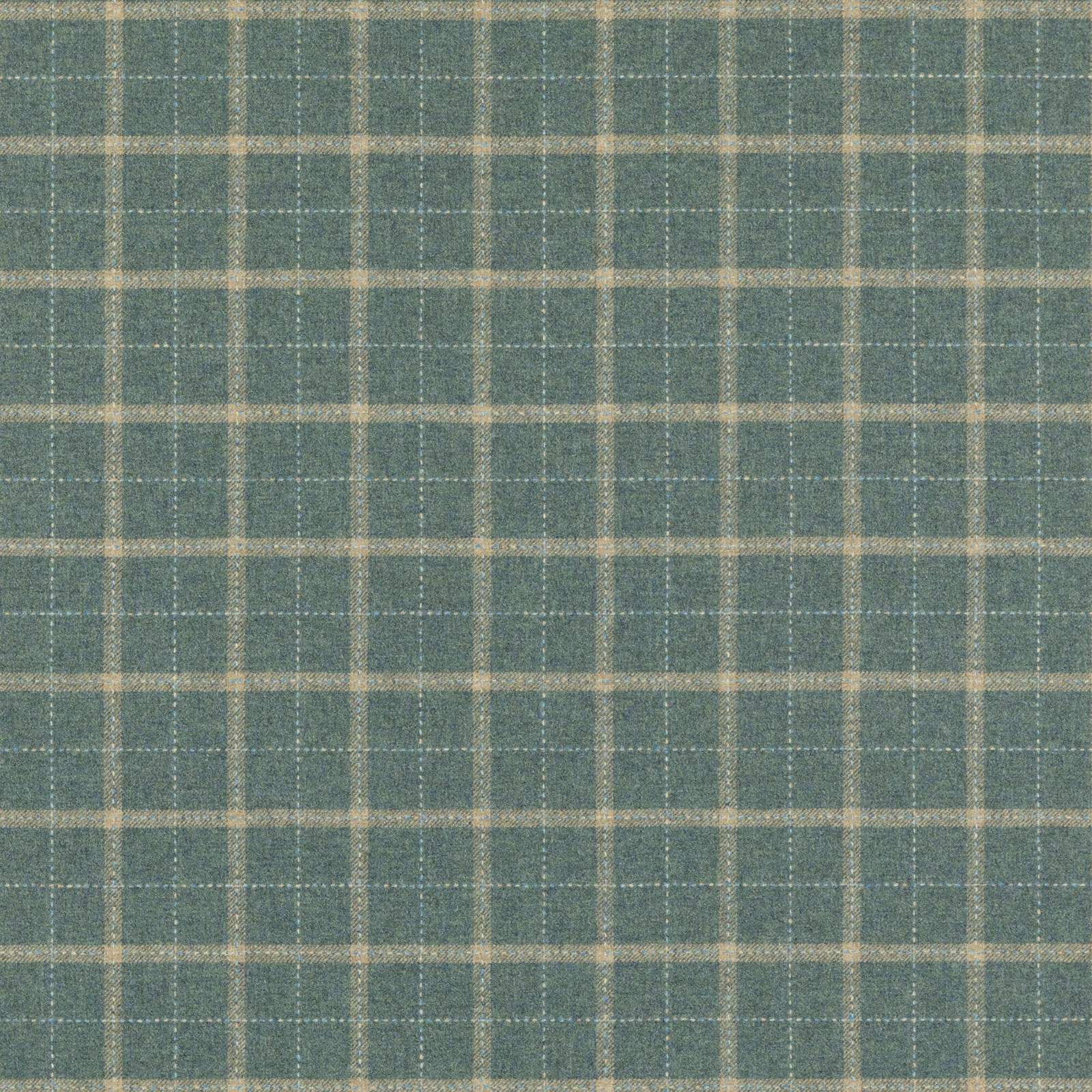 Muted blue-teal wool check with fine oat grid lines and mottled woven texture
