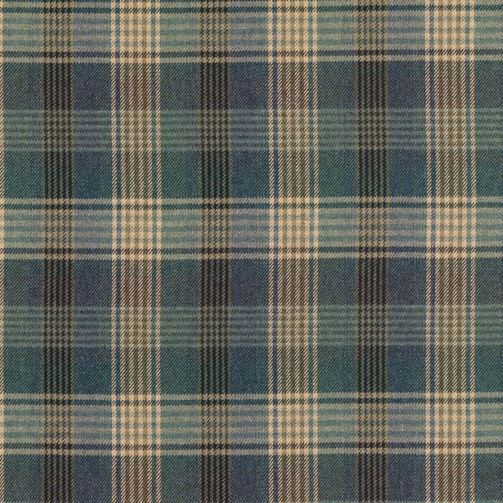 Muted blue-green and cream tartan with charcoal lines in a woven wool surface
