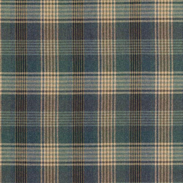 Muted blue-green and cream tartan with charcoal lines in a woven wool surface