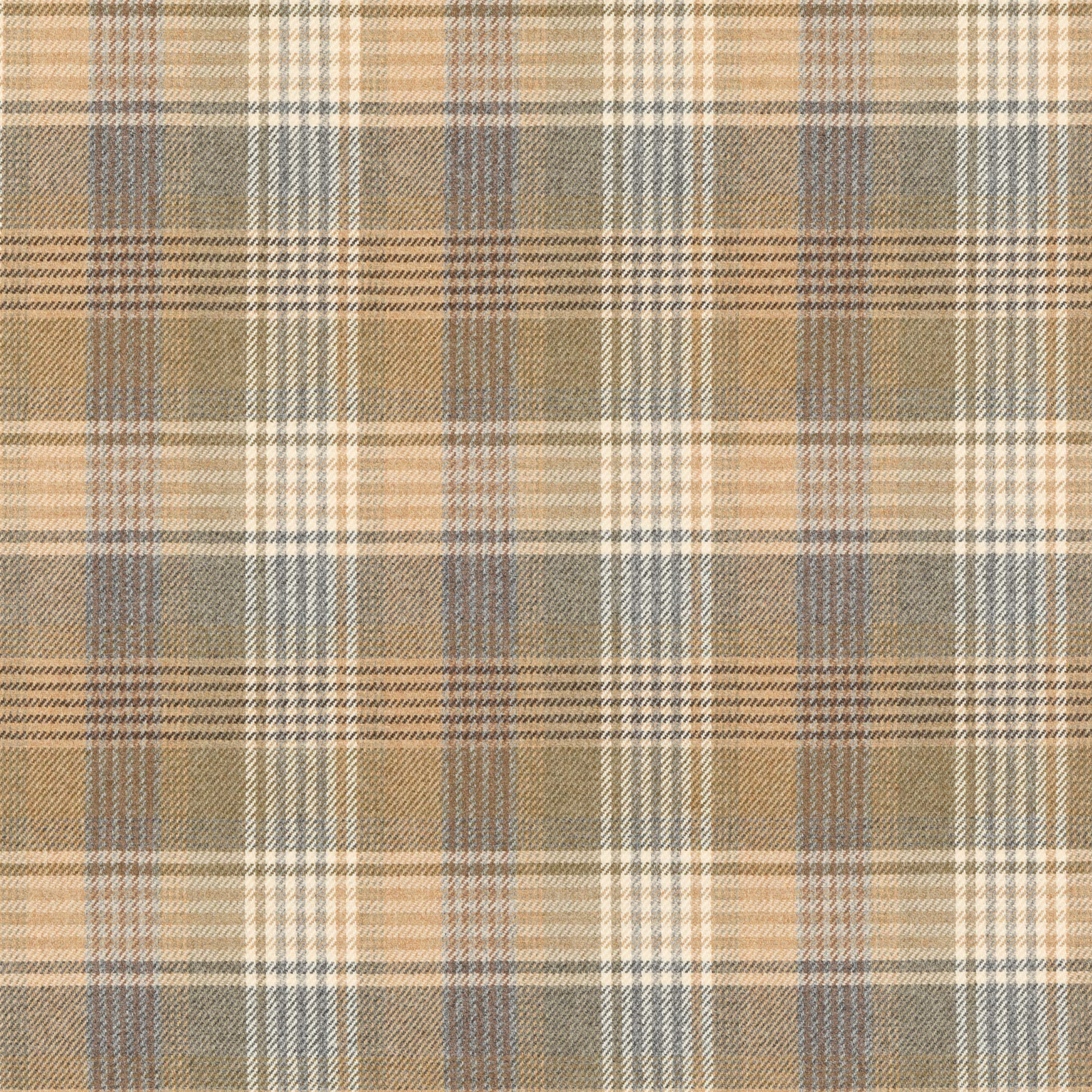 Muted fawn wool plaid with taupe, cream and blue-grey intersecting checks