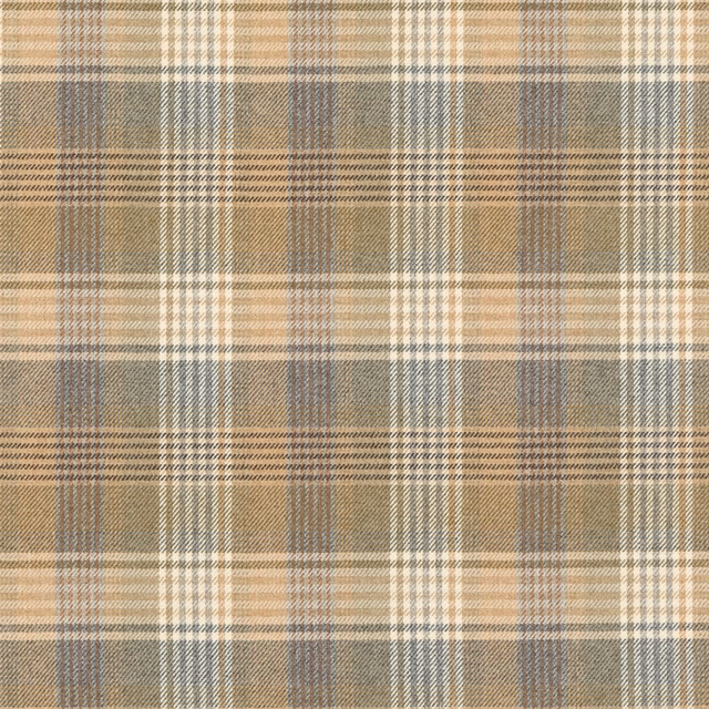 Muted fawn wool plaid with taupe, cream and blue-grey intersecting checks