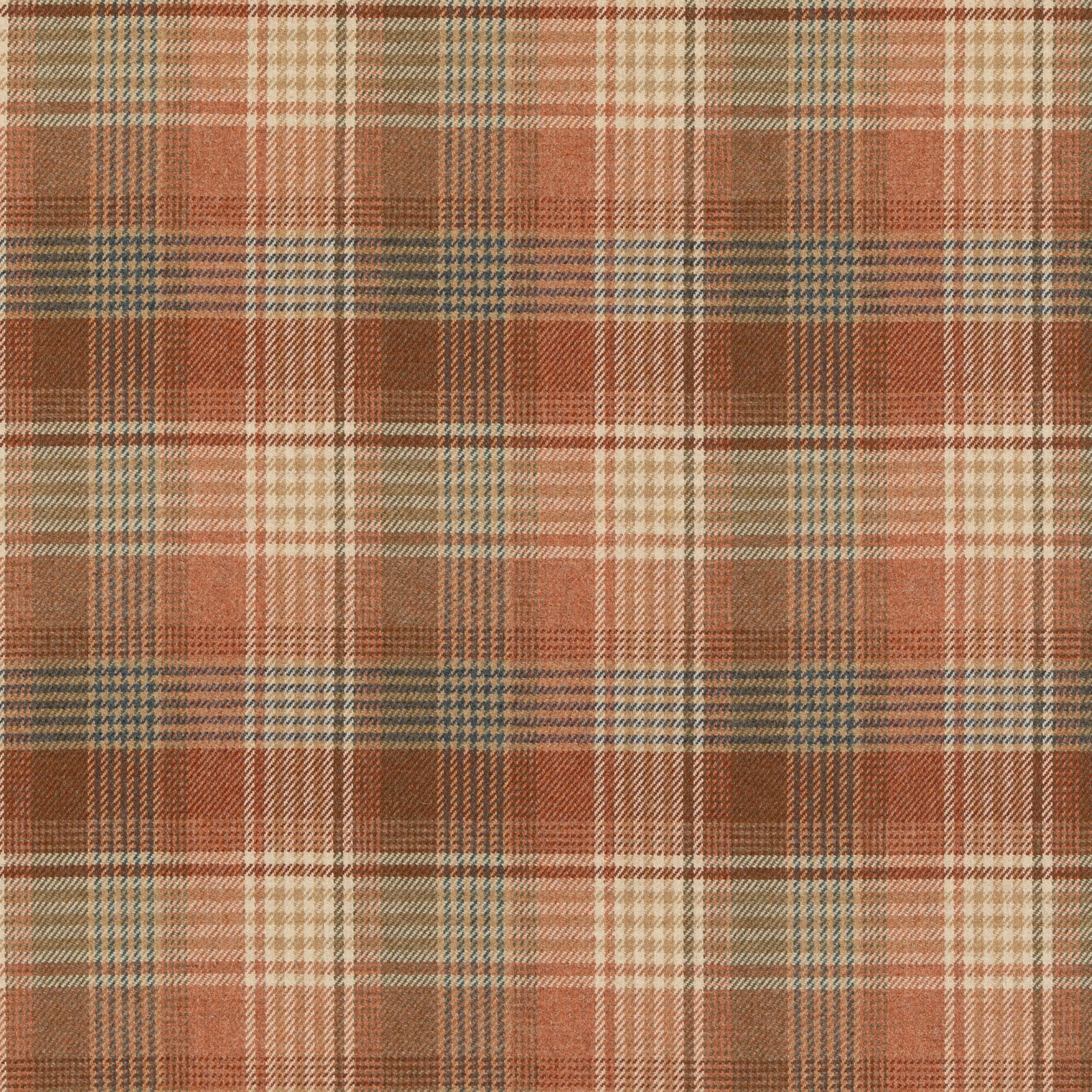 Russet wool plaid with cream, blue-grey and olive-toned checks in a close weave
