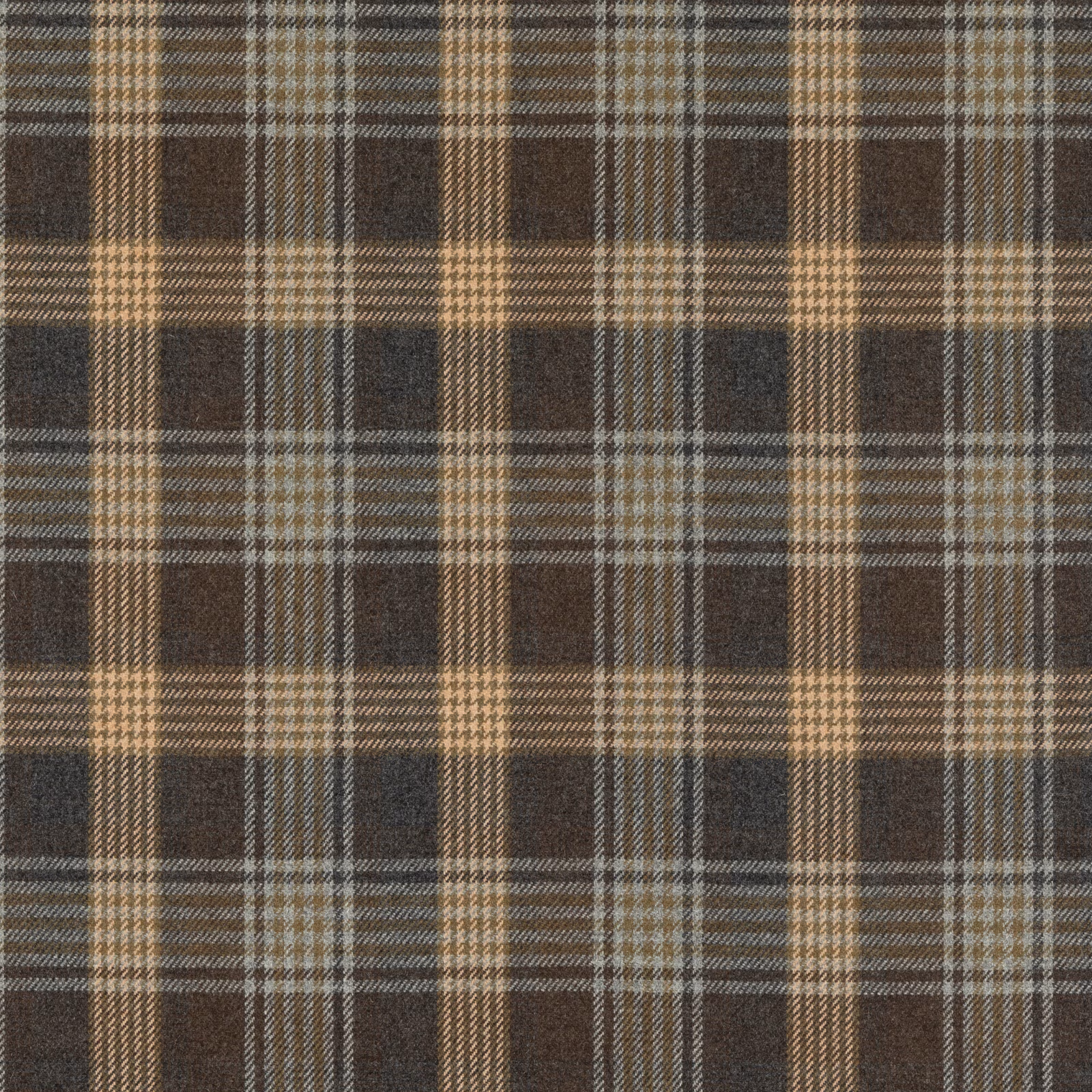 Woodsmoke brown, taupe and blue-grey plaid in a textured wool weave