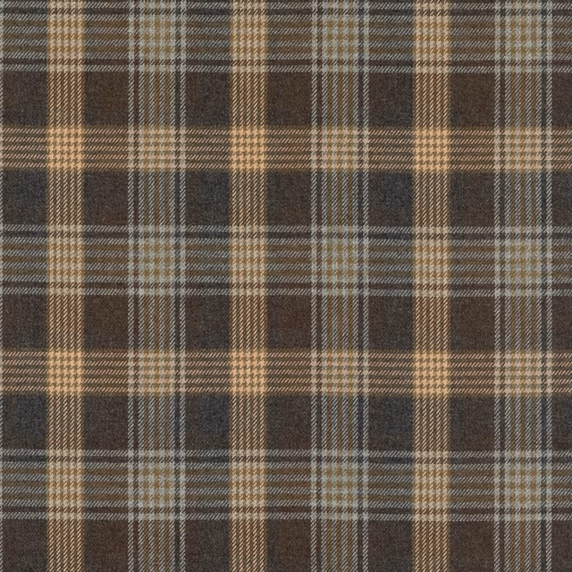 Woodsmoke brown, taupe and blue-grey plaid in a textured wool weave
